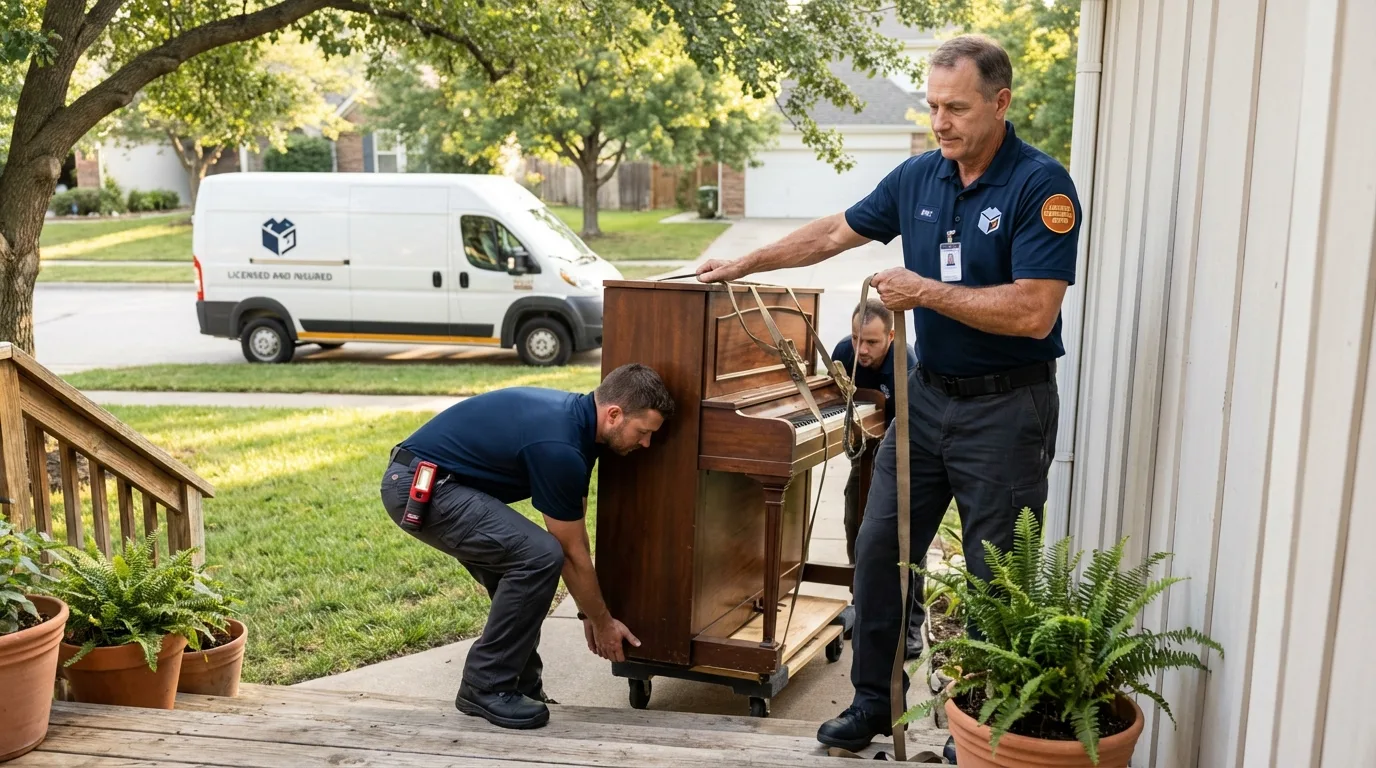 Licensed piano movers securing grand piano in Oakley, KS