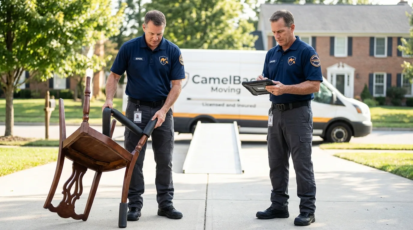 Movers inspecting furniture for damage prevention before loading in Oakley, KS
