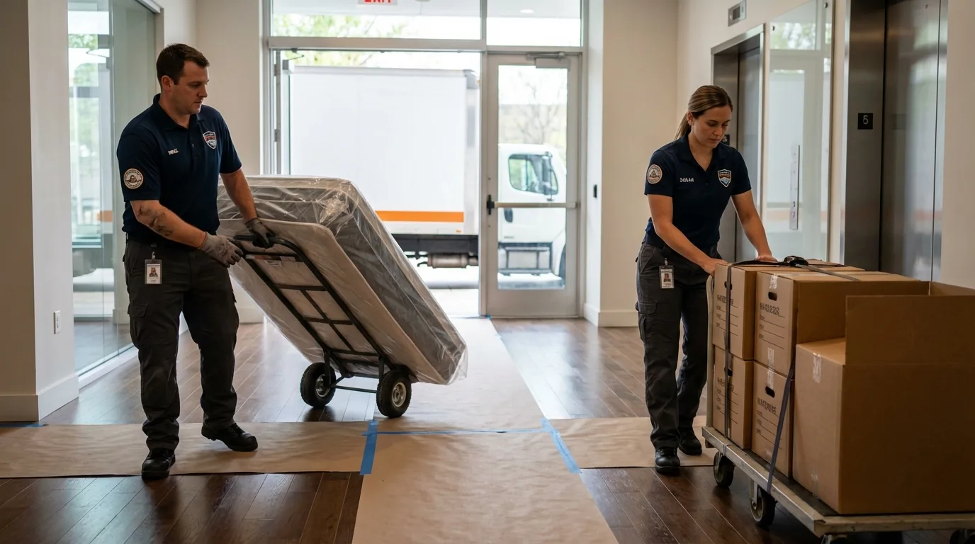 Professional apartment movers loading elevator in Oakley, KS