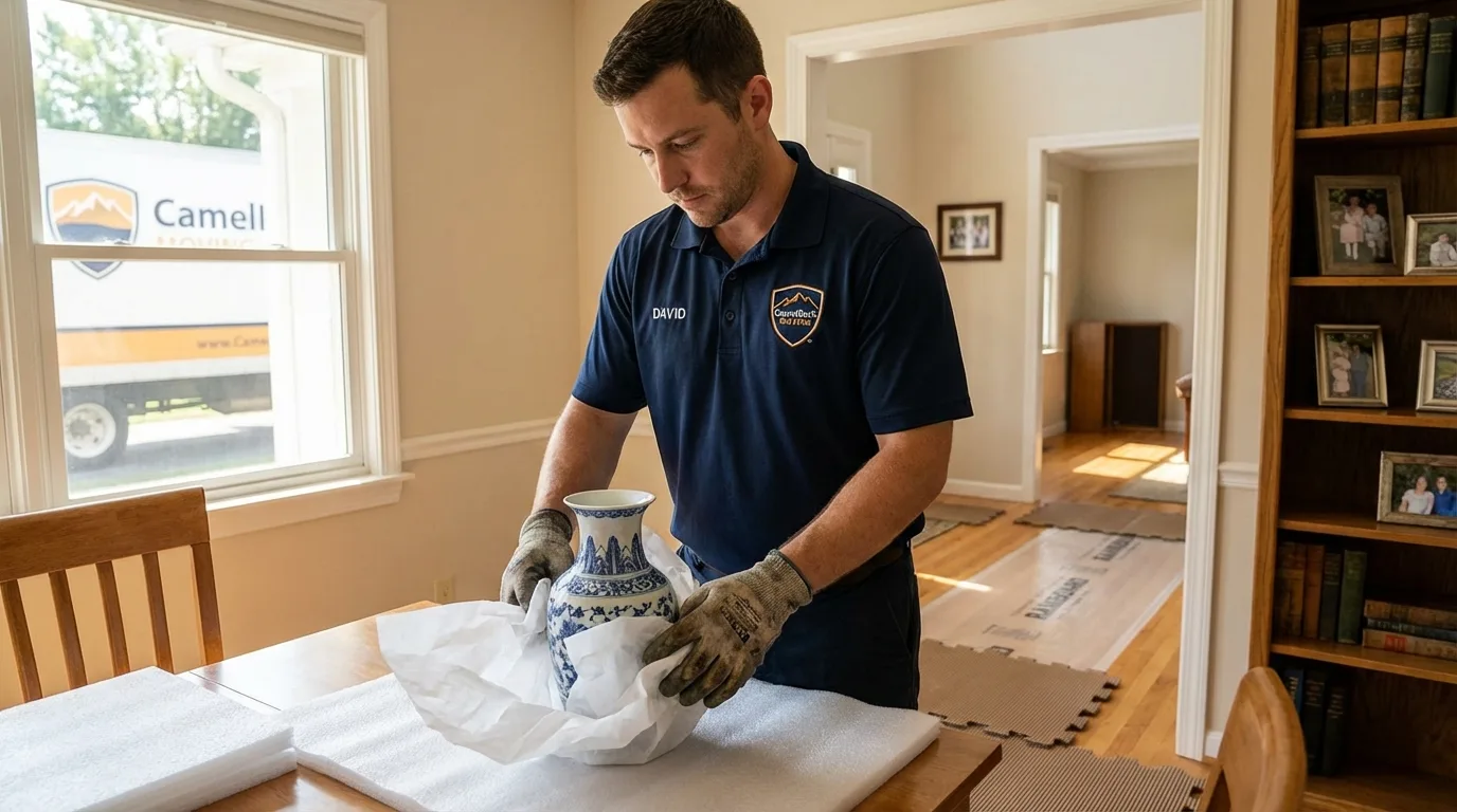 Professional crew carefully wrapping antique vase for senior downsizing move in Oakley, KS